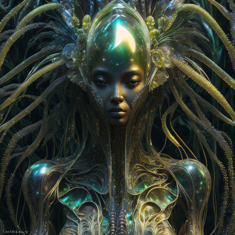 Digital artwork of female figure in golden alien-like headdress and armor on dark background