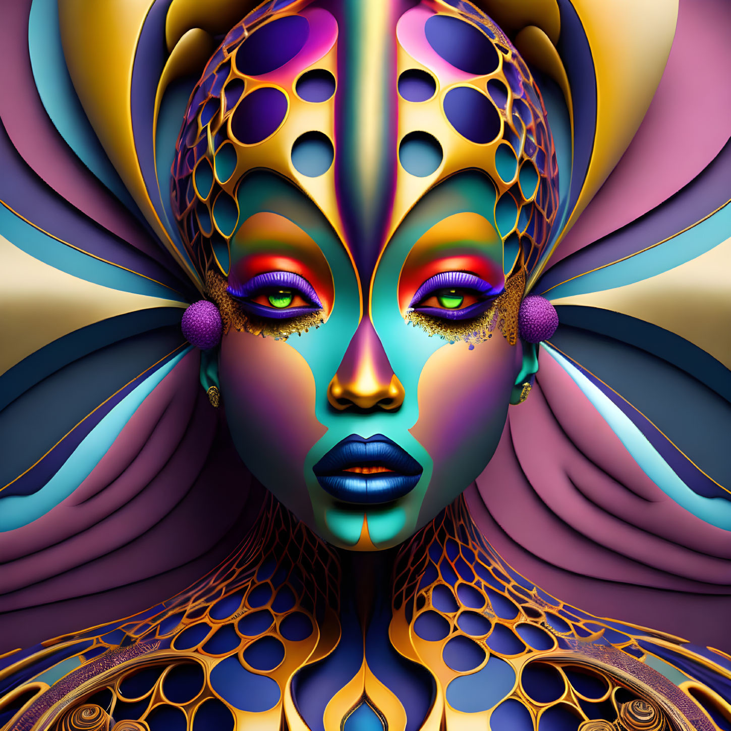 Colorful digital artwork of stylized woman's face with intricate patterns and abstract shapes