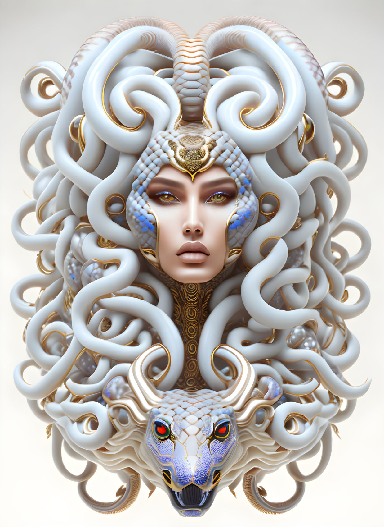 Digital art: Person with Medusa-like headgear and golden patterns