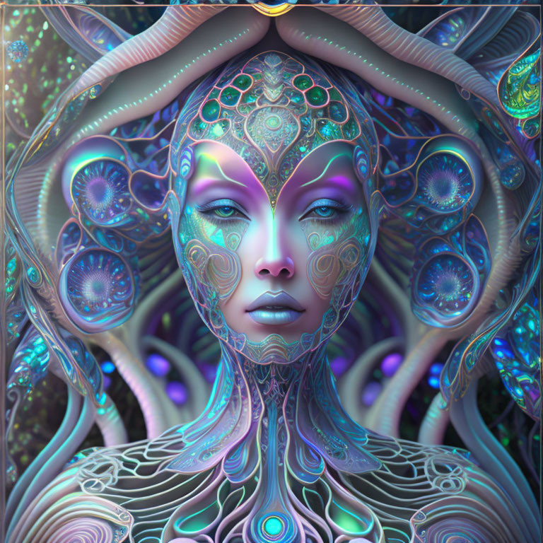 Intricate digital artwork: Female figure with cosmic fractal patterns