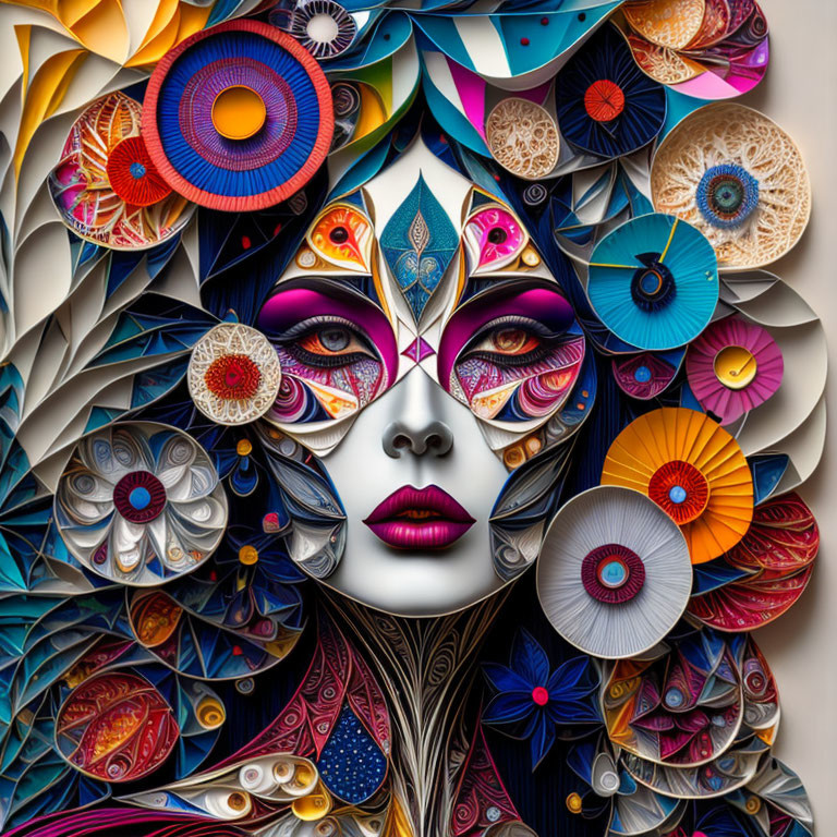 Vibrant paper quilling art of stylized woman's face