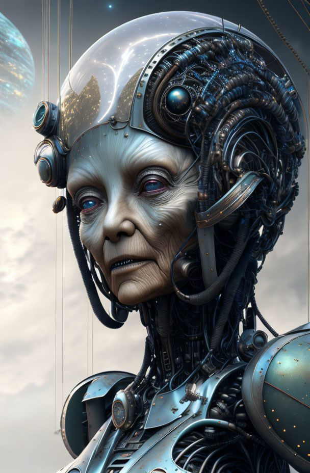 Elderly female cyborg with intricate mechanical features gazes against cloudy sky.