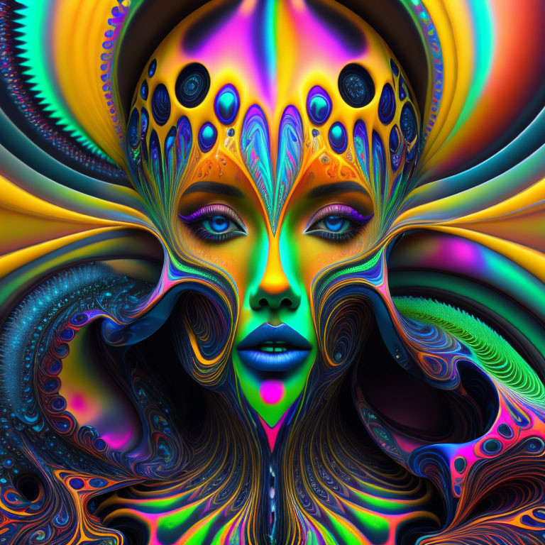 Abstract digital artwork: Vibrant female face with psychedelic patterns