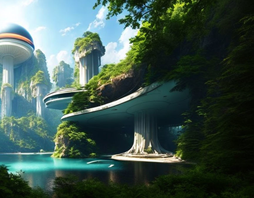 Futuristic cityscape with curved buildings and cliffs overlooking a serene lake