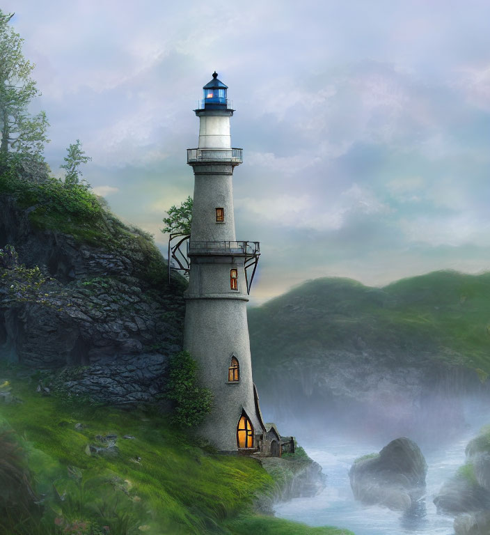 Tranquil digital artwork: lighthouse on cliff with misty waterfalls