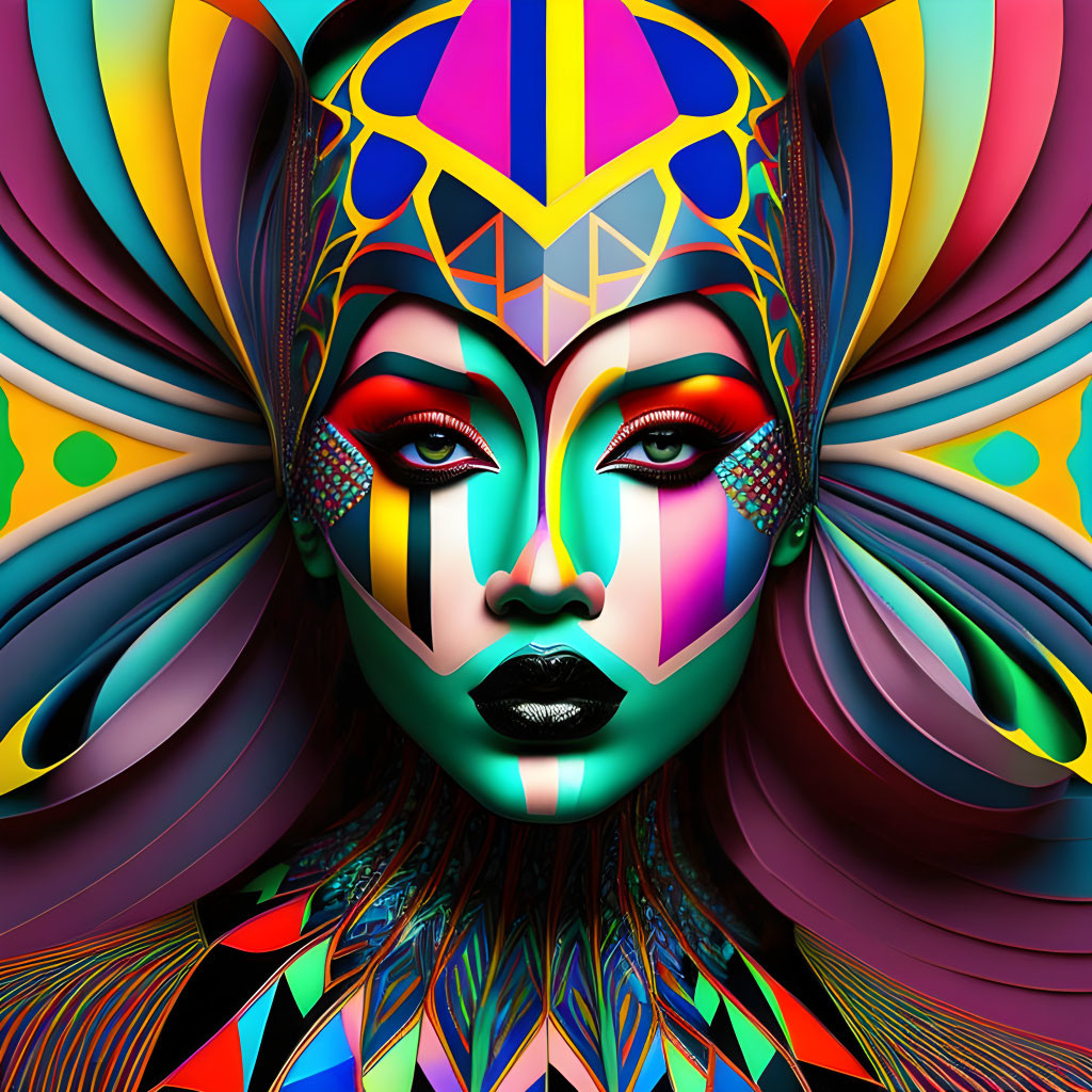 Colorful digital artwork: Stylized female face with butterfly wings and intricate patterns