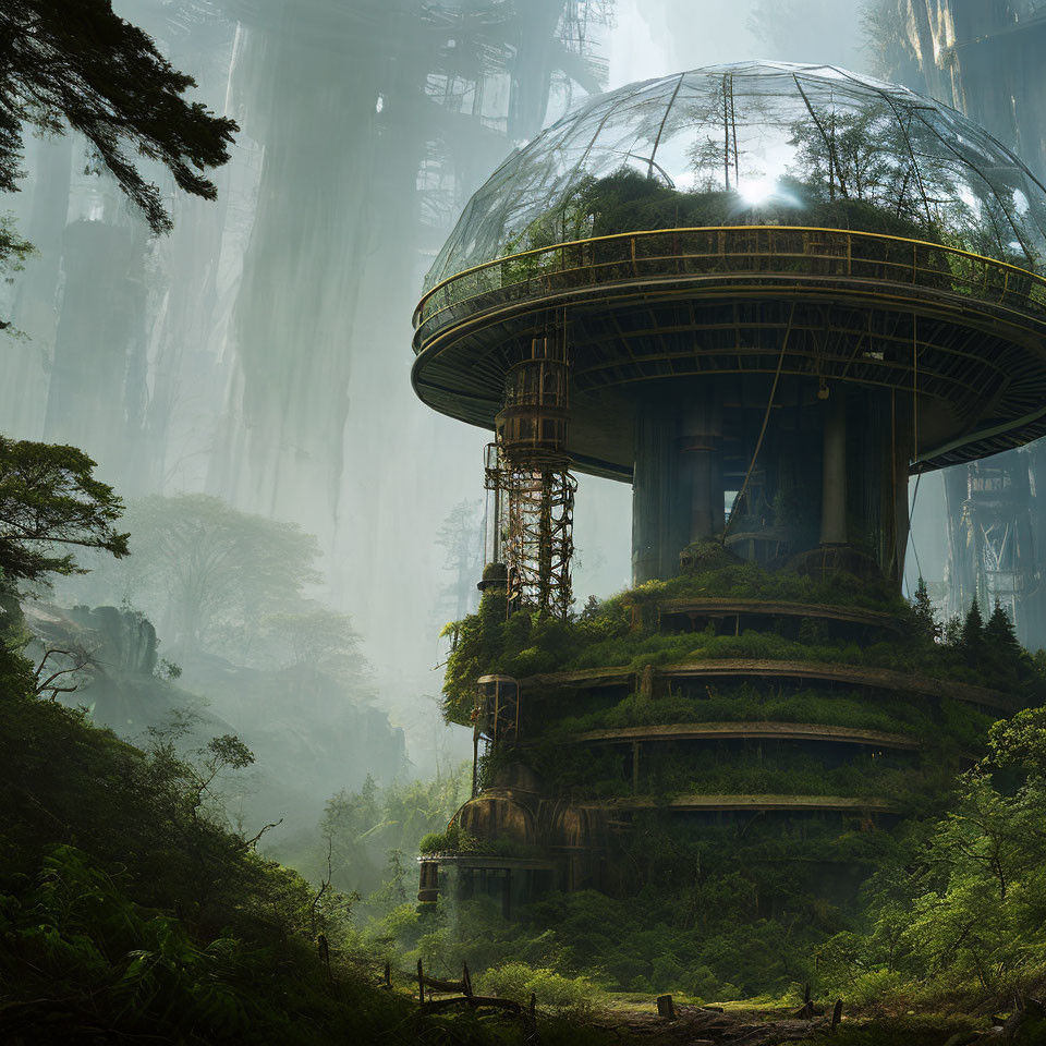 Futuristic dome structure in misty forest with overgrown trees