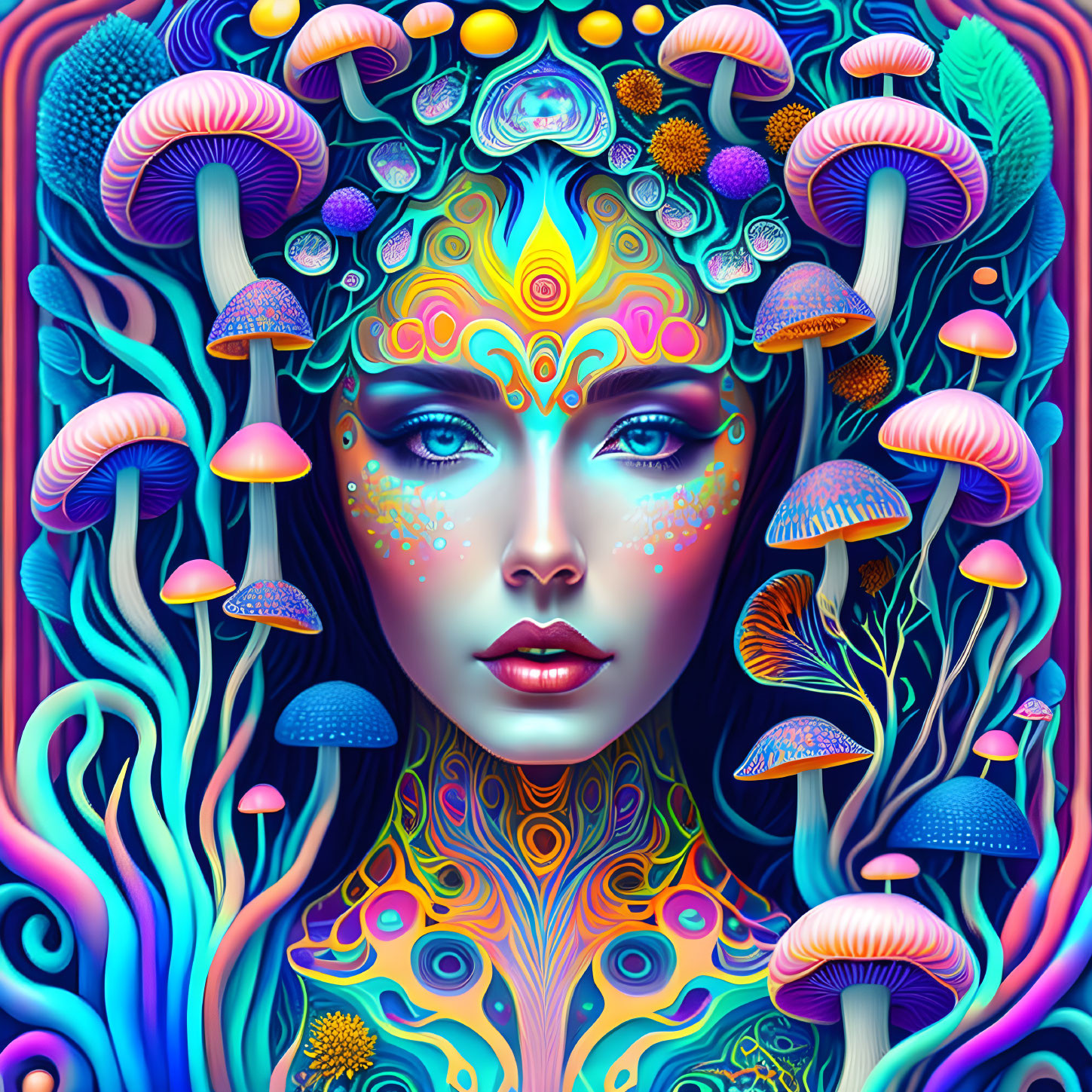 Colorful digital artwork: Woman adorned with psychedelic mushroom and plant motifs