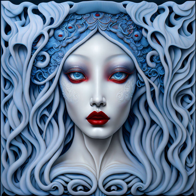 Surreal female face with flowing blue hair and intricate patterns