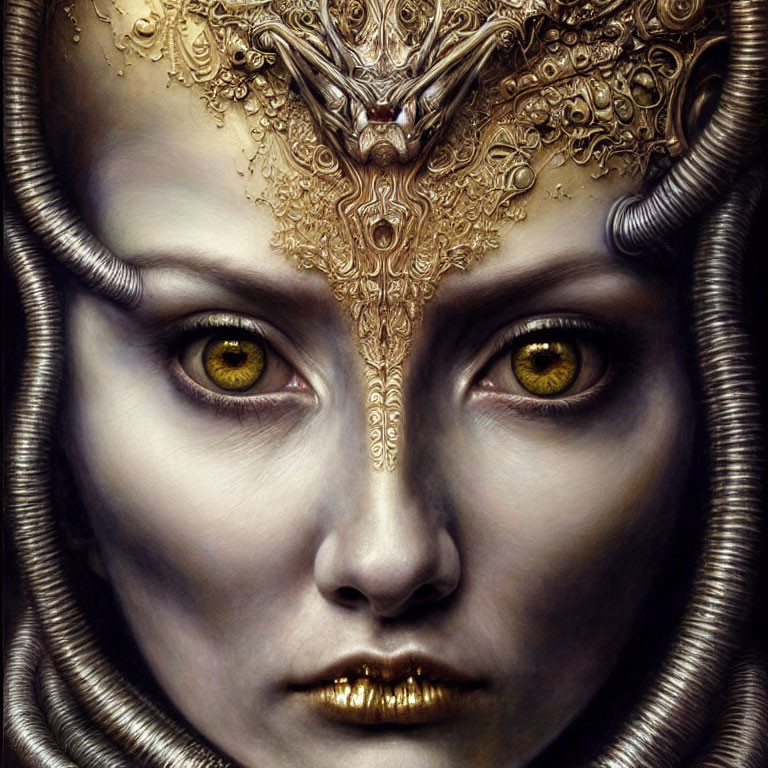 Fantasy figure with golden headgear, yellow eyes, and metallic neck structures.