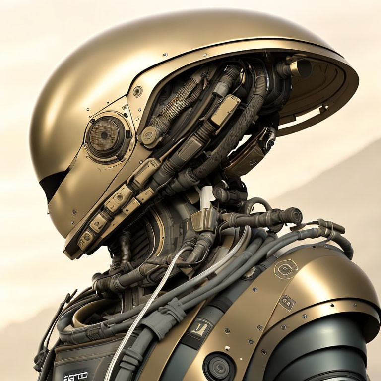 Detailed robotic head and neck with golden metal plates, wires, and mechanical parts on soft-focus background