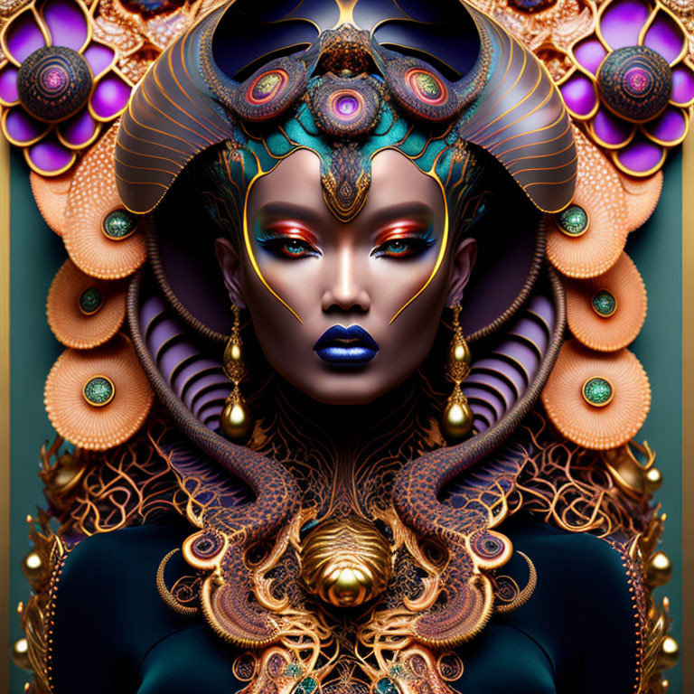 Regal woman with ornate headdress and vivid makeup