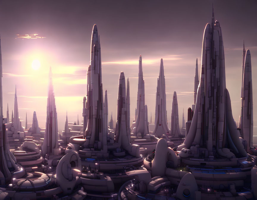 Futuristic cityscape with towering skyscrapers at sunset