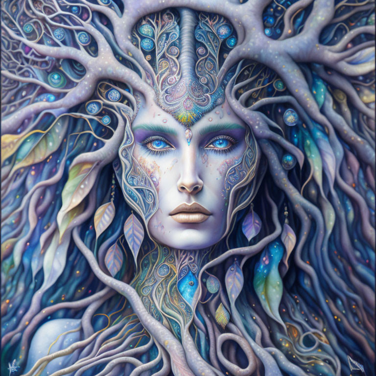 Surreal female figure with tree-like features and intricate patterns.