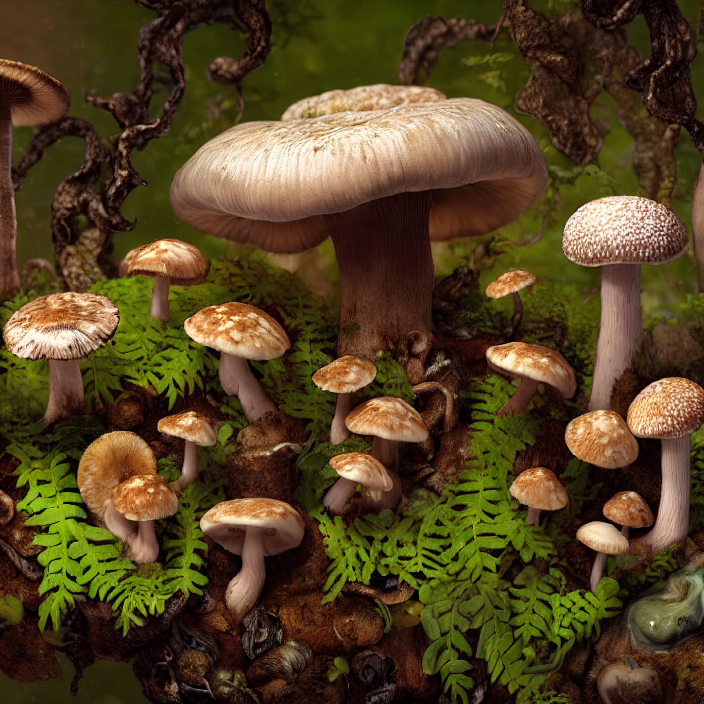 Assorted mushrooms in enchanted forest scene