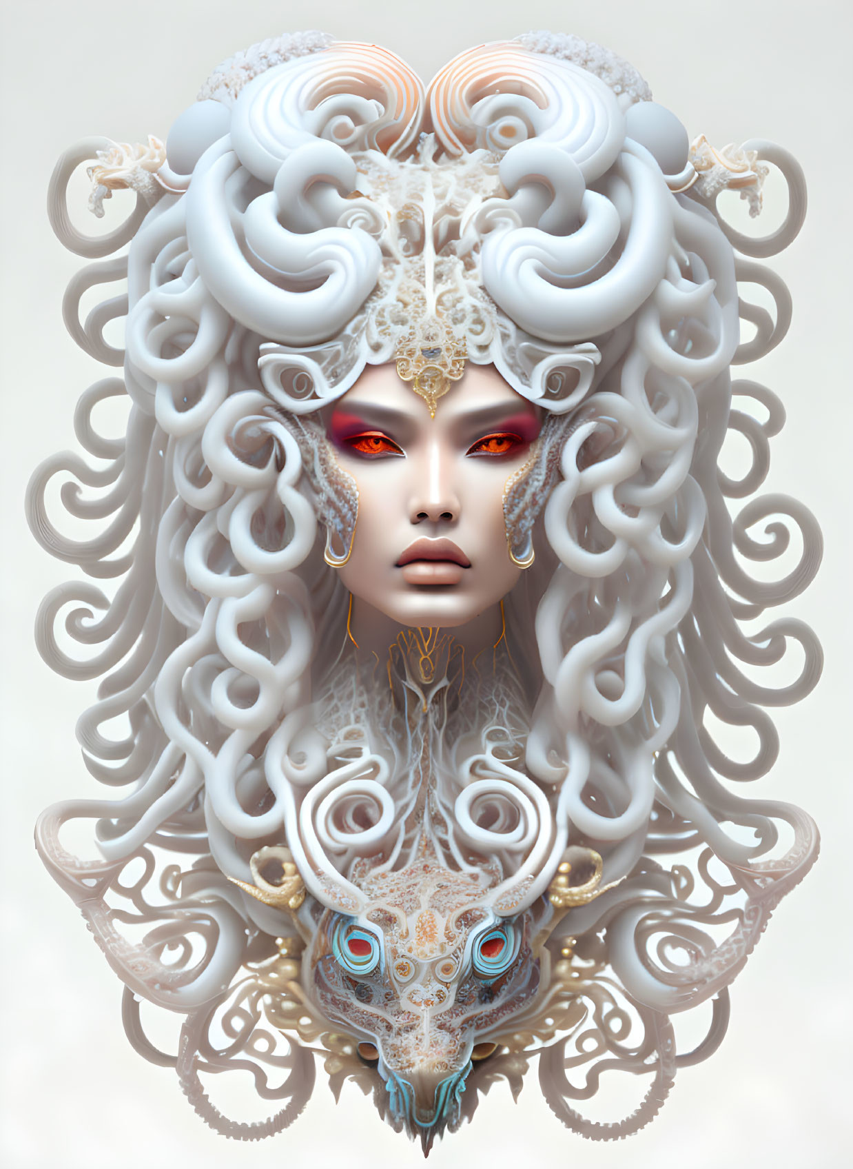 Detailed Digital Artwork of Surreal Figure with White Hair and Red Eyes