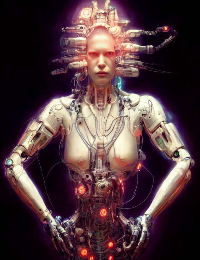 Intricate futuristic cyborg with glowing red elements