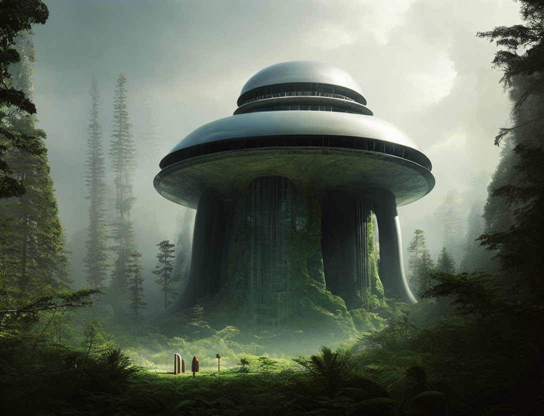 Futuristic UFO-shaped building in lush forest with mist and tiny figures