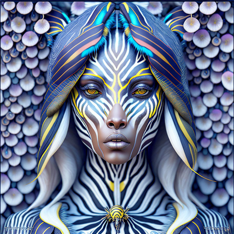 Female digital art portrait with blue and yellow striped patterns on face against purple floral background