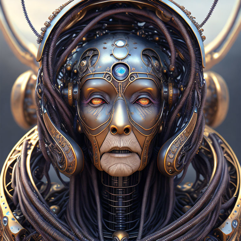 Detailed 3D illustration of humanoid robot with metallic mask, ornate headgear, and human eyes