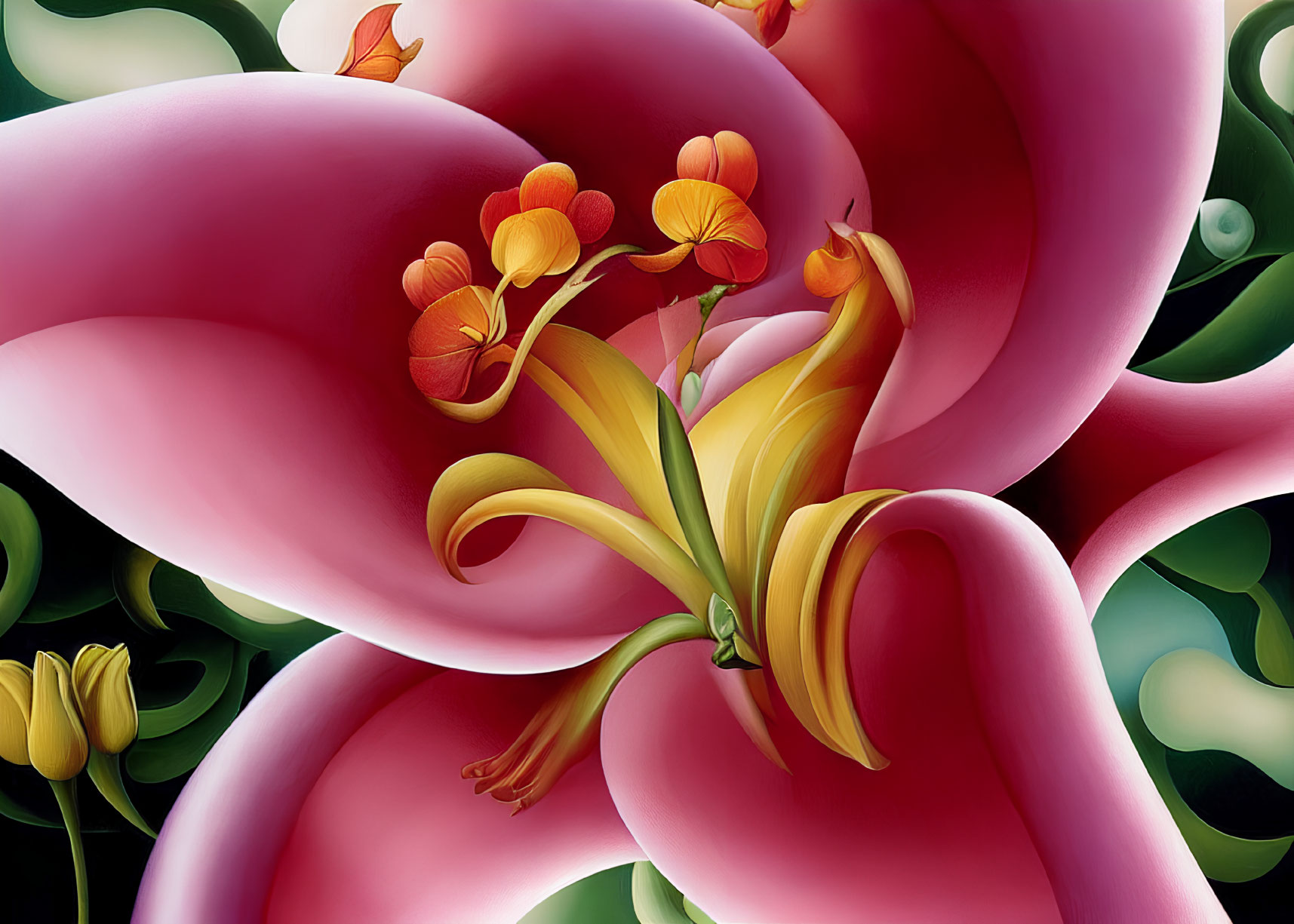 Colorful digital artwork featuring yellow flower with orange accents on swirling pink and green background