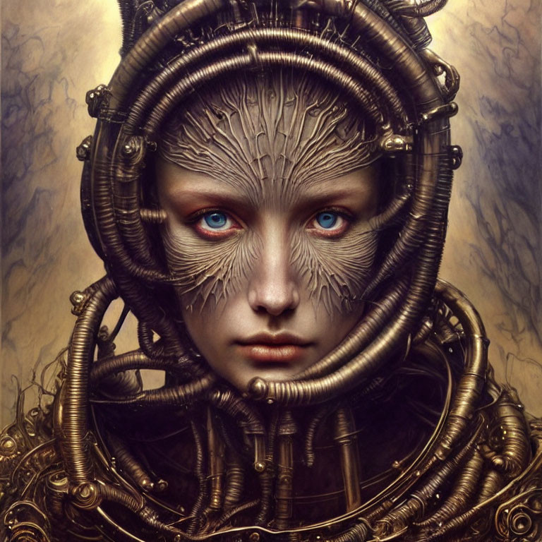 Surreal portrait of person with metallic headgear and blue eyes