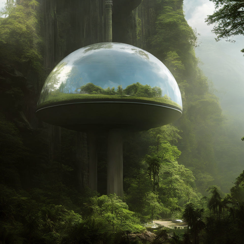 Futuristic spherical structure on pillar in lush forest with piercing light