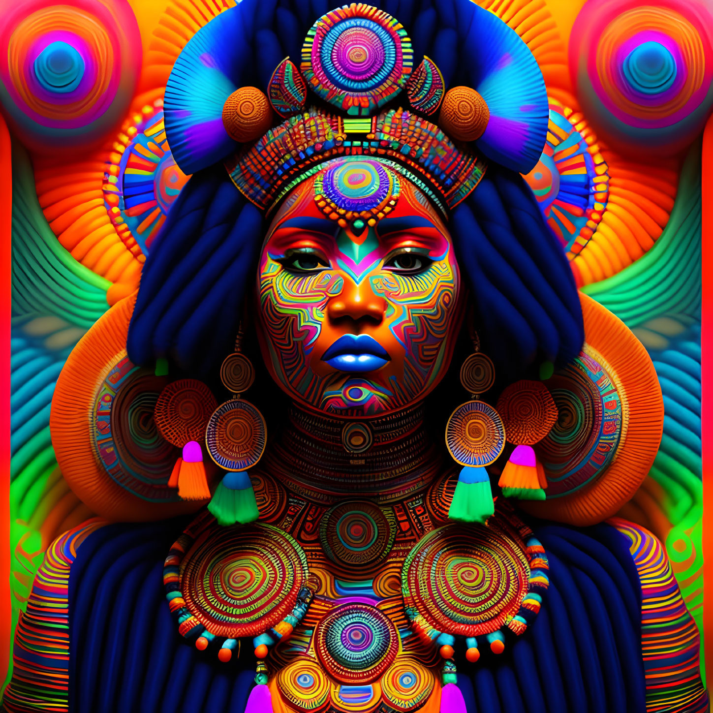 Colorful Digital Art: Stylized Woman's Face with Psychedelic Patterns