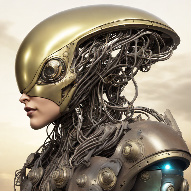 Futuristic female cyborg with golden helmet and cable hair on cloudy sky background