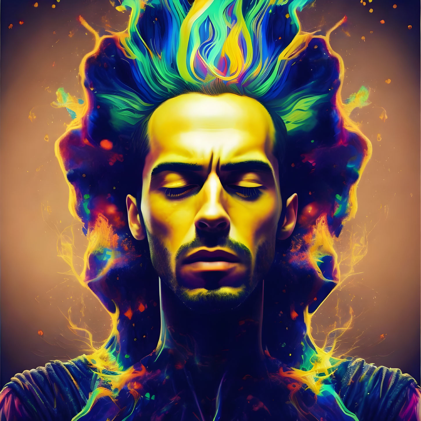 Colorful digital portrait with closed eyes and fiery aura against cosmic backdrop