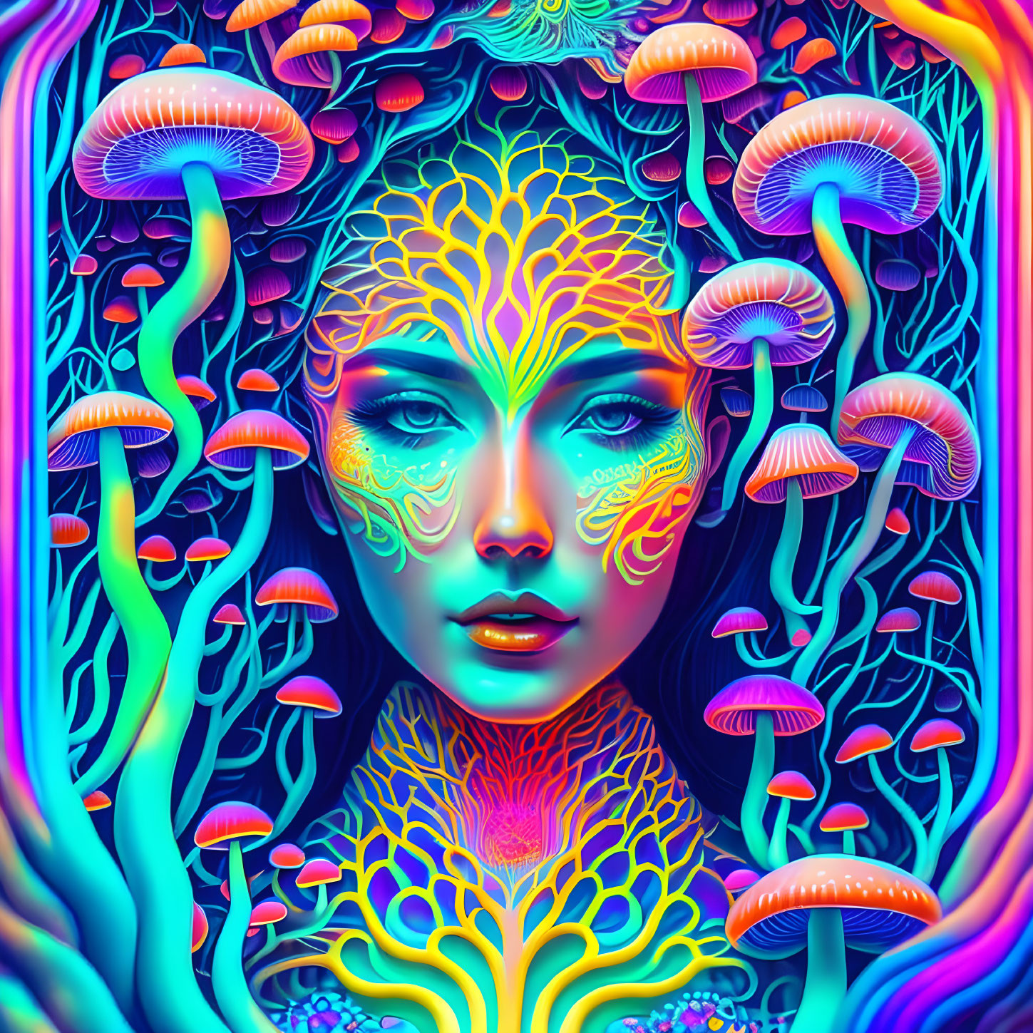 Colorful psychedelic portrait of a woman with neon skin and glowing mushrooms