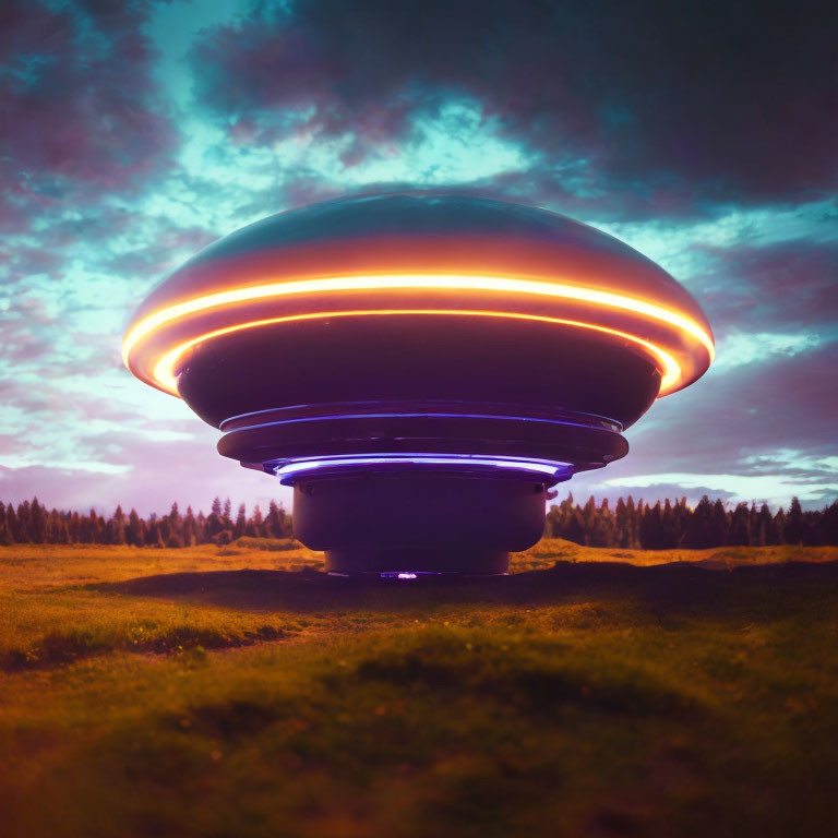 Glowing UFO with Orange Lights Hovering Above Grass Field at Dawn or Dusk