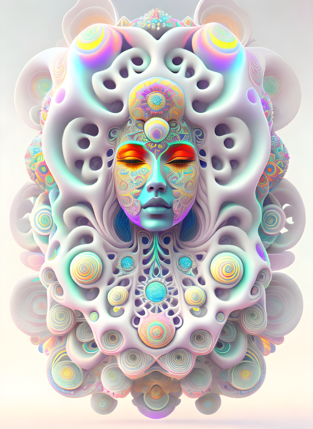 Symmetrical digital artwork with serene face and colorful patterns