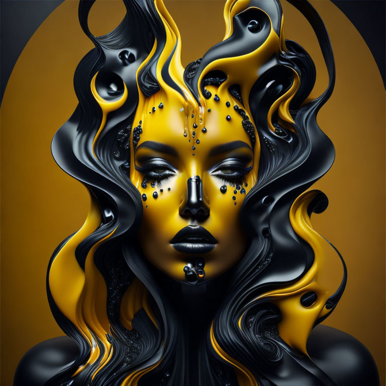 Stylized surreal portrait with golden and black liquid forms and elegant black beads