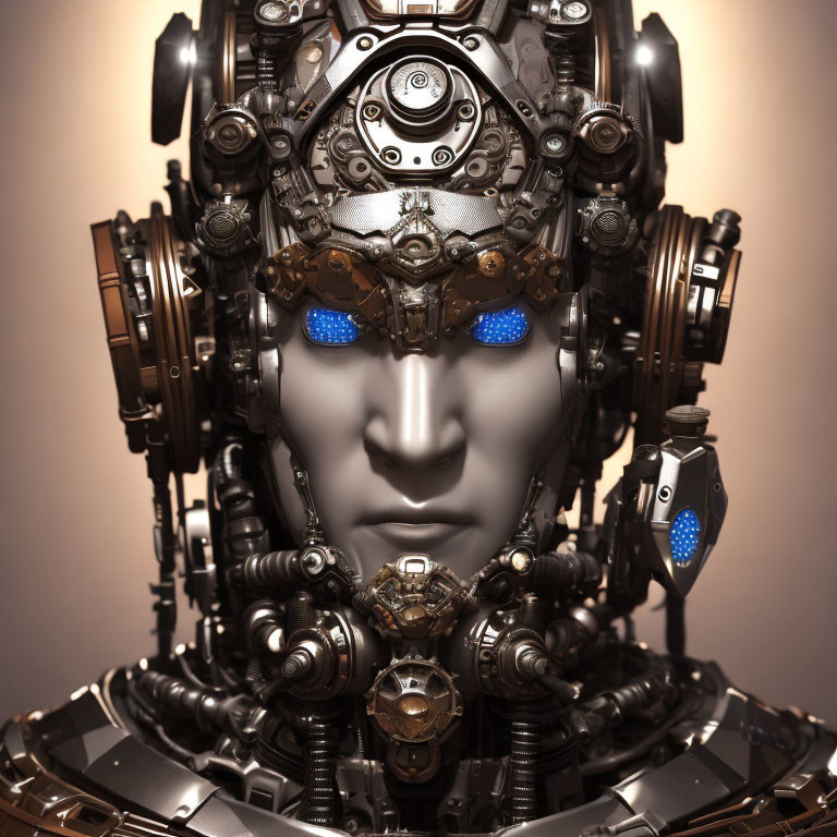 Detailed robotic head with intricate mechanical parts and blue glowing eyes on warm-toned background