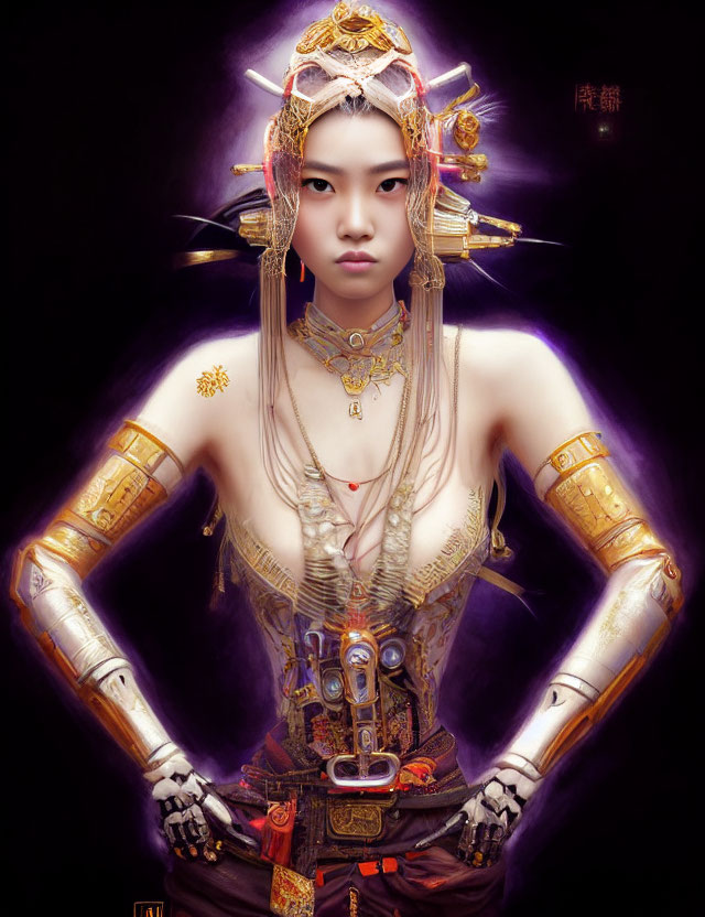 Elaborate fantasy costume with golden armor on dark purple background