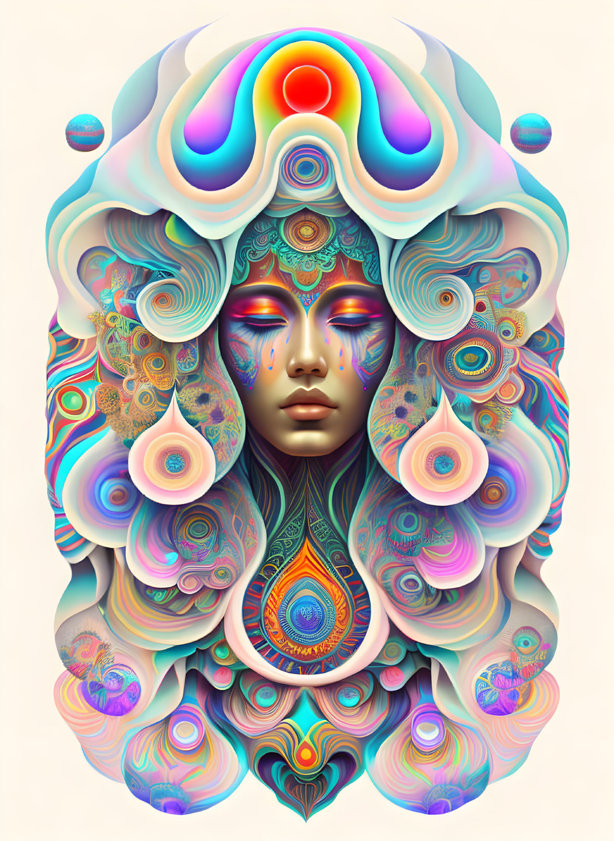 Symmetrical psychedelic portrait with abstract patterns and colorful motifs