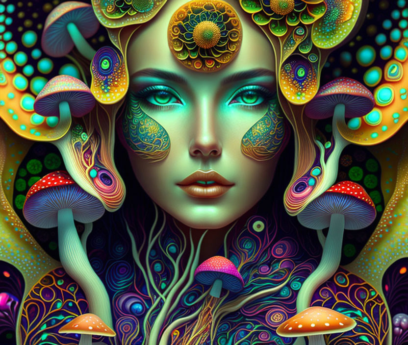 Colorful digital artwork of woman with green eyes and psychedelic elements