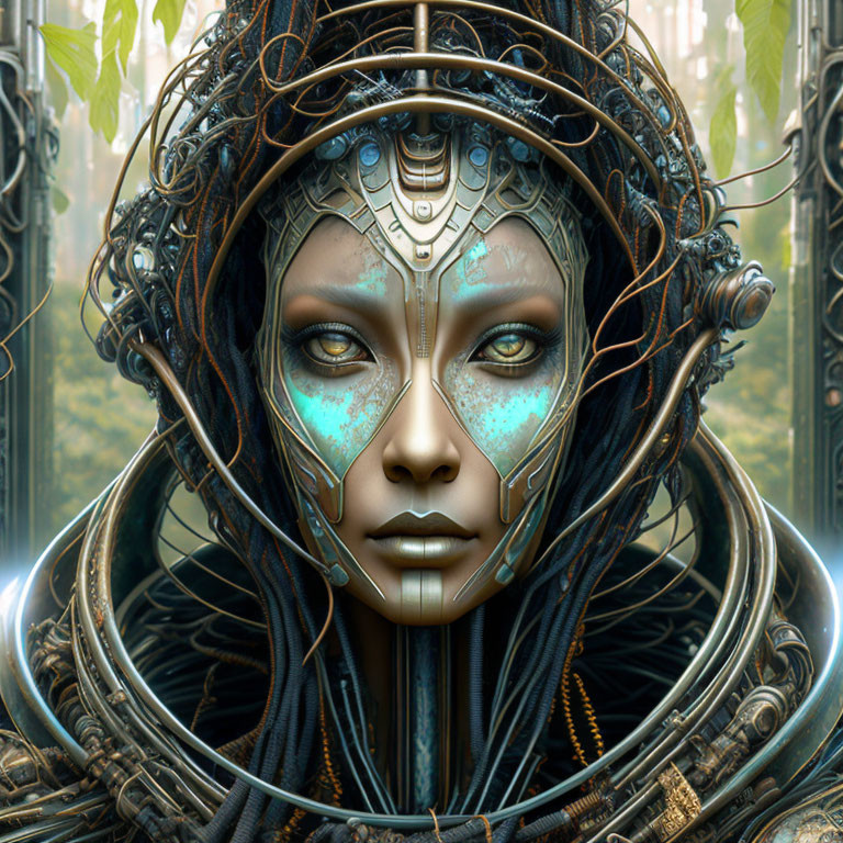 Female figure with cybernetic features in futuristic forest.