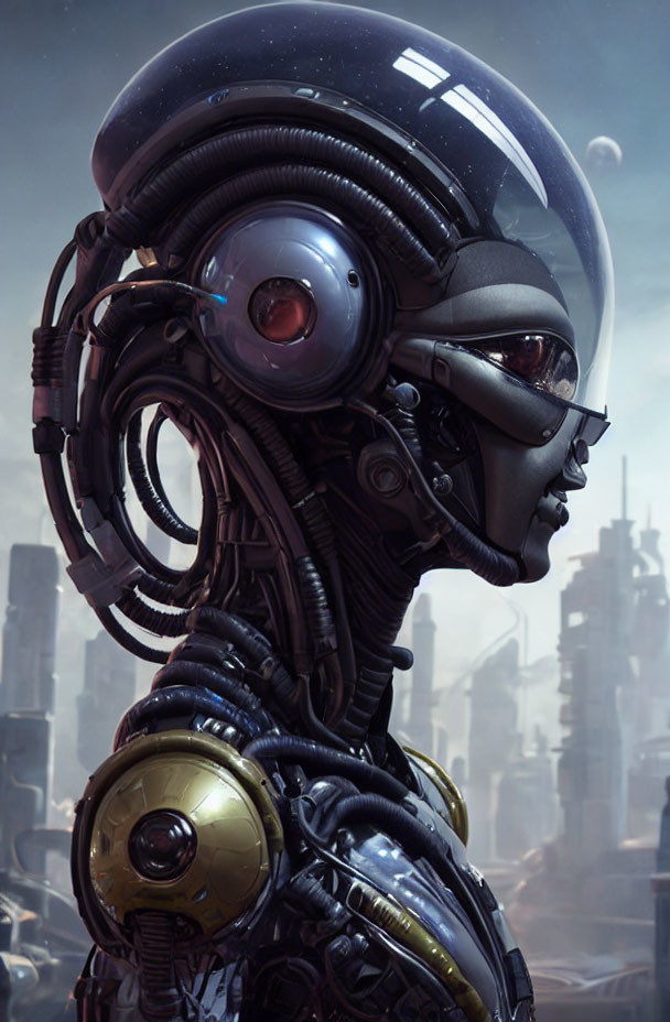 Detailed humanoid robot portrait with glossy helmet and intricate machinery against futuristic cityscape