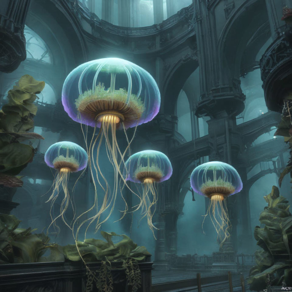 Bioluminescent jellyfish in abandoned underwater cathedral among marine flora