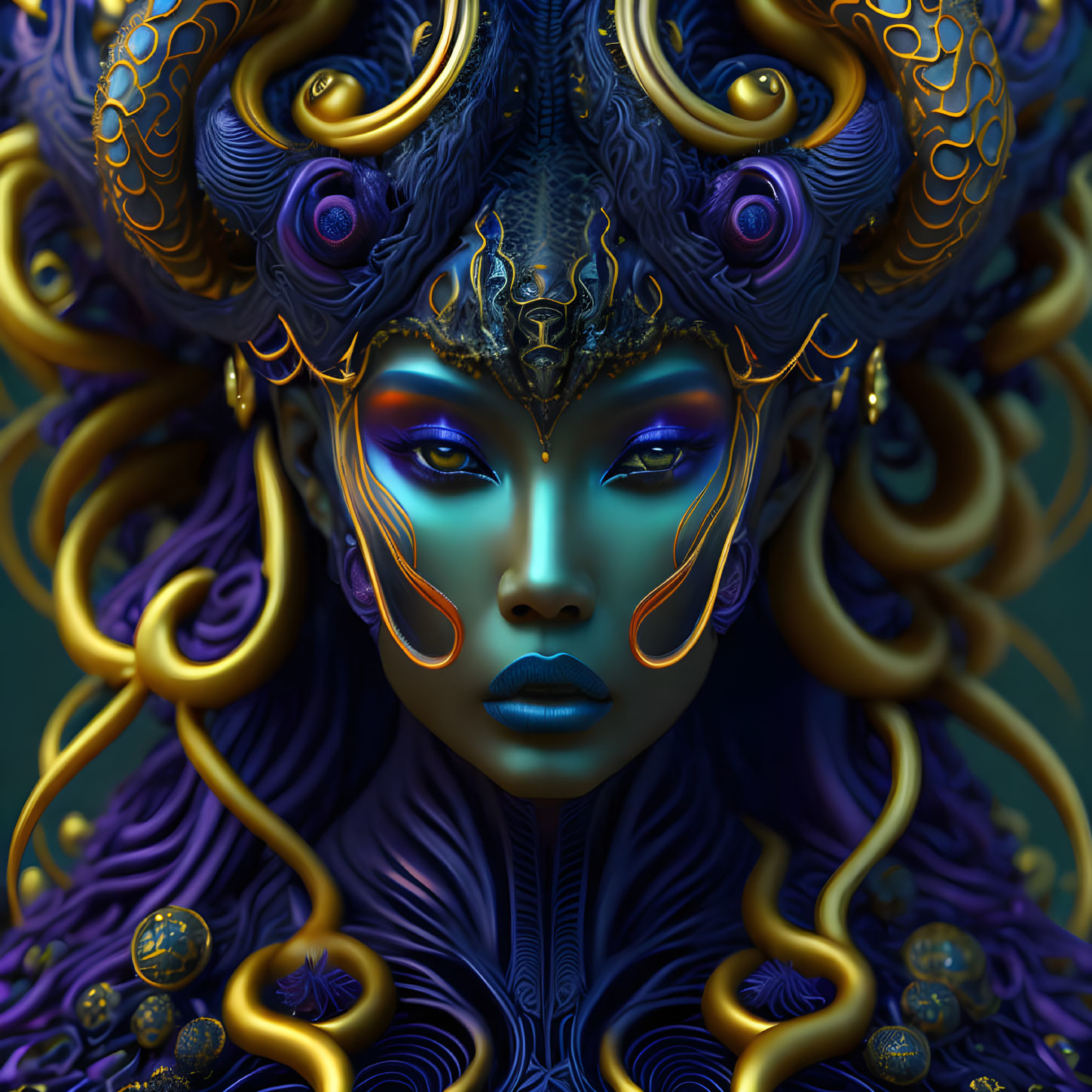 Blue-skinned female figure with ornate golden headdress and purple eyes on teal background