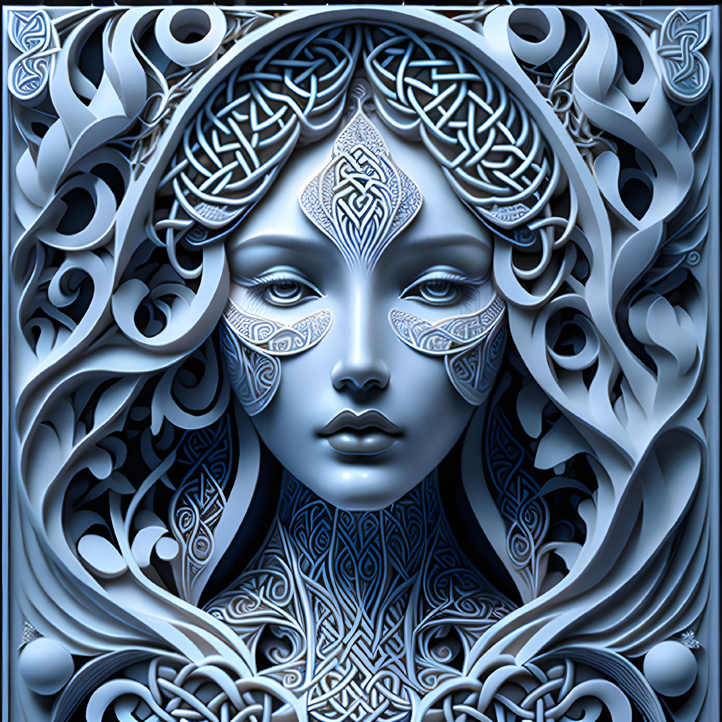 Symmetrical metallic female face with Celtic knot designs in digital artwork