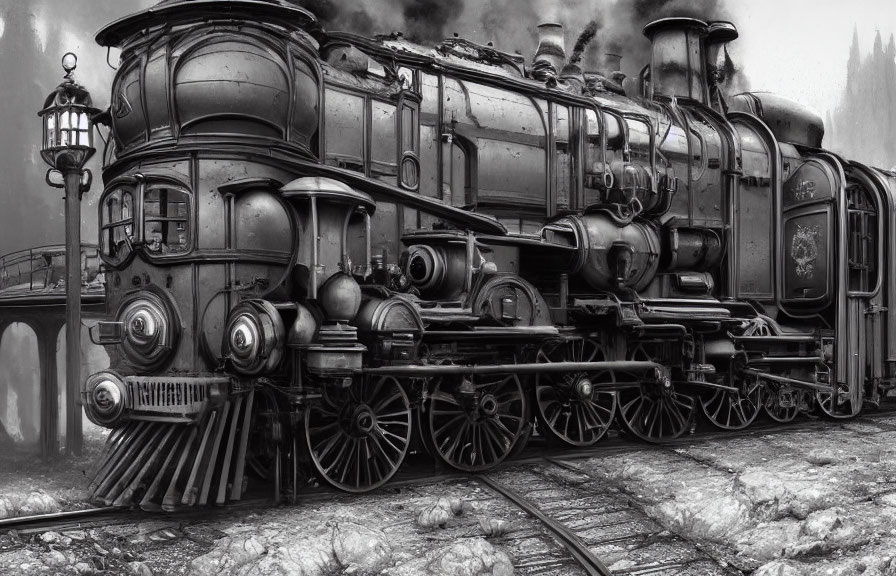 Detailed Vintage Black and White Steam Locomotive on Tracks