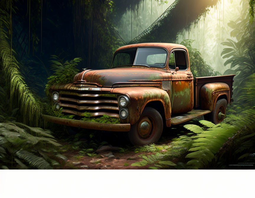 Rusted Vintage Pickup Truck in Sunlit Forest