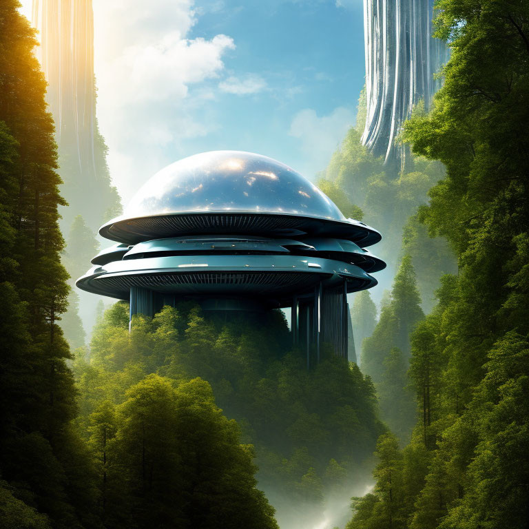 Futuristic mushroom-shaped building in forest setting with waterfall