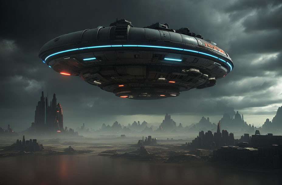 Futuristic spacecraft over dystopian cityscape with stormy sky