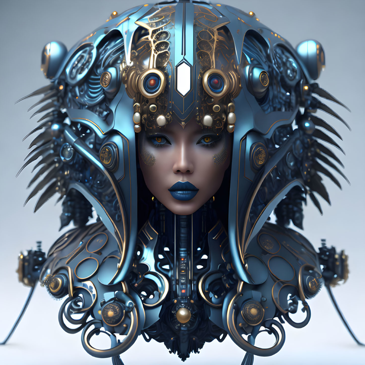 Digital Artwork: Female Figure with Blue and Gold Mechanical Headdress