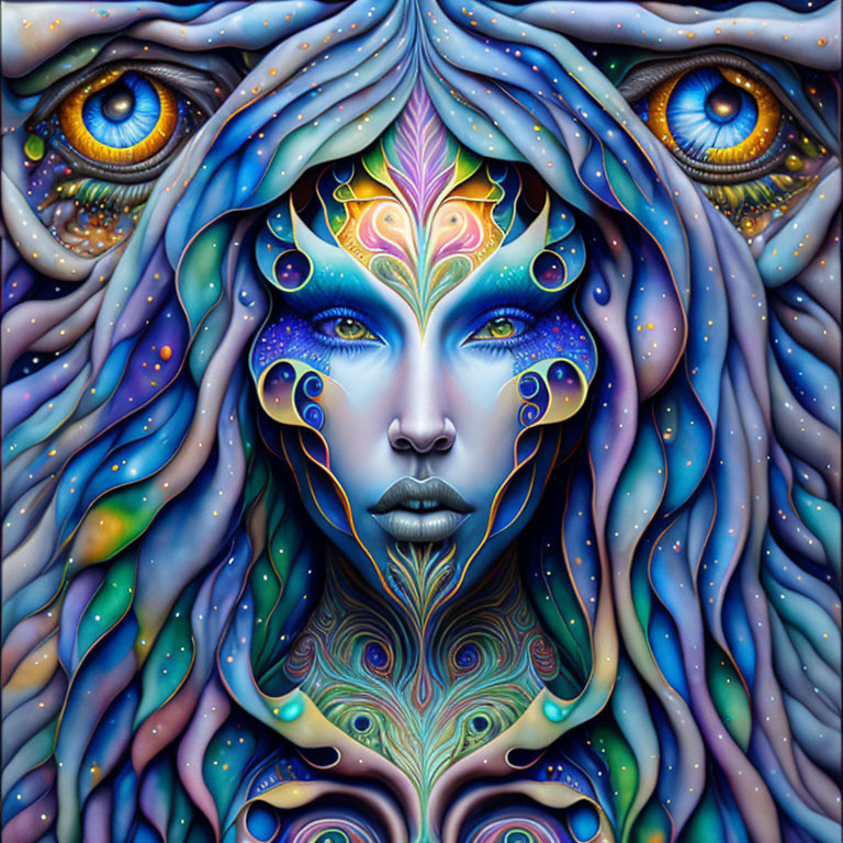 Colorful psychedelic portrait with ornate face markings and mesmerizing eyes.