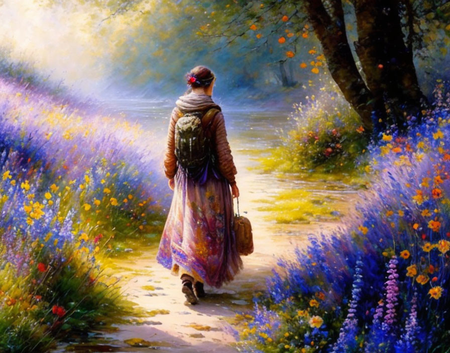 Person walking on flower-lined path in sunlit forest with suitcase and backpack.